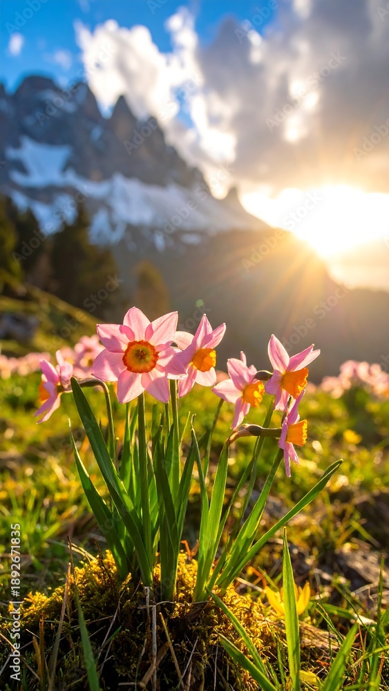 Obraz premium Alpine Meadow Blooms - A Symphony of Flowers and Mountains.