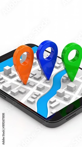 Wallpaper Mural 3D city navigation interface on a modern smartphone screen with several colored location pointers pin landing on different street blocks Torontodigital.ca