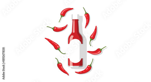 Red Chili Peppers Arranged in Circle Around Hot Sauce Bottle for Spicy Condiment Promotion
