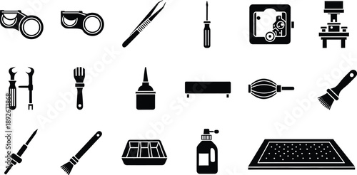 Icons representing various precision tools and cleaning supplies for technical maintenance