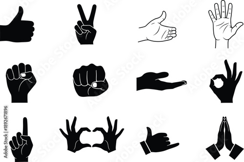 A diverse collection of common hand gestures and non-verbal communication symbols