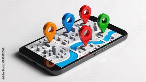 Wallpaper Mural Colorful location map pins falling onto a three dimensional city map displayed on a black smartphone screen over a white background. Torontodigital.ca