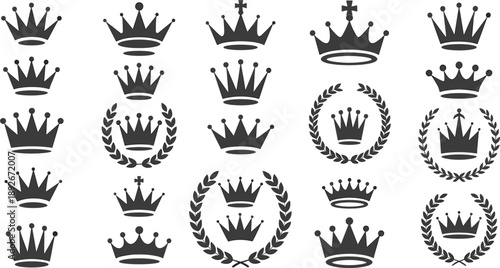 Collection of Black Silhouette Crowns and Laurel Wreaths on White Background royal king