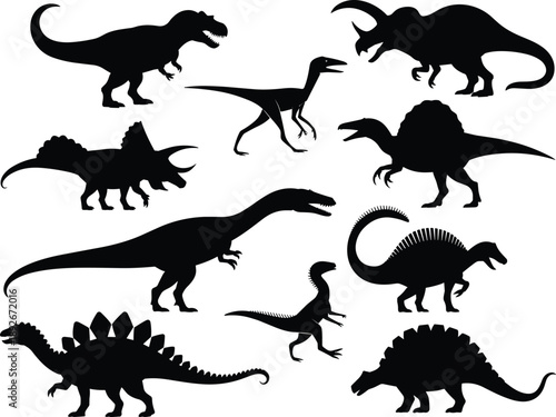 Collection of black dinosaur silhouettes on white background prehistoric ancient