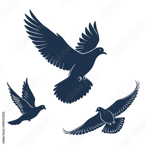 A black silhouette vector illustration of a flying peace dove with spread wings and a delicate beak designed as a symbolic nature icon