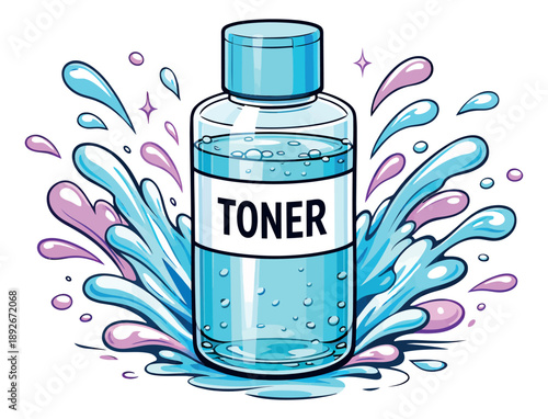 Vibrant line art illustration of a toner bottle depicting a refreshing splash for beauty and skincare concepts