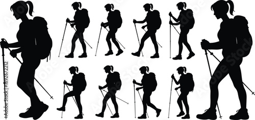 Multiple black silhouette female hikers with backpacks and trekking poles in various poses
