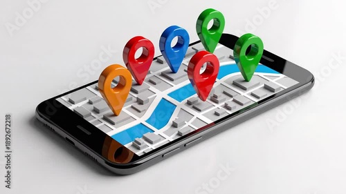 Wallpaper Mural Multiple bright map markers pin dropping onto a digital urban city layout with a blue river on a mobile phone display with white space Torontodigital.ca