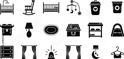 Set of icons representing items commonly found in a baby nursery or room