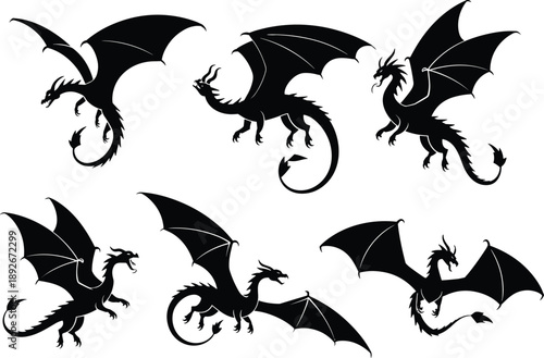 Six Black Silhouette Dragons in Various Flying Poses on White Background
