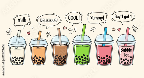 A vibrant illustration showcasing a row of six delicious bubble tea drinks, each with unique flavors and toppings, presented with cheerful speech bubbles.