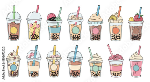 A vibrant collection of colorful bubble tea drinks with various toppings and straws, presented in a clear plastic cup.