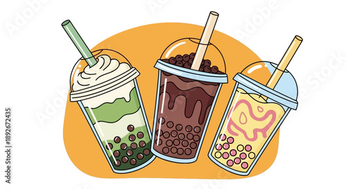 Three delicious bubble tea drinks with colorful toppings and straws, presented in clear plastic cups against a warm orange background.