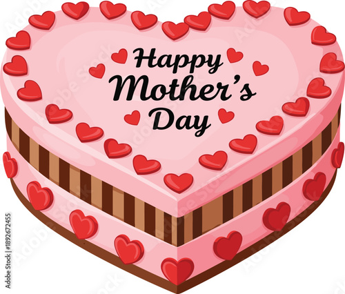 Heart shaped cake with pink frosting and red heart decorations saying Happy Mothers Day
