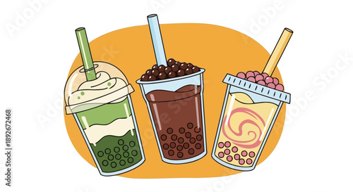 Three delicious and refreshing bubble tea drinks with colorful tapioca pearls and toppings, presented in clear plastic cups with straws.