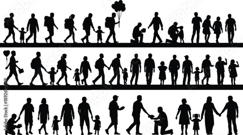Collection of black silhouettes of people walking and interacting on a white background