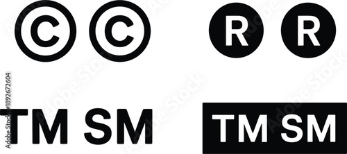 Copyright trademark registered symbols and letters on white background Keywords: copyright symbol, trademark symbol, registered