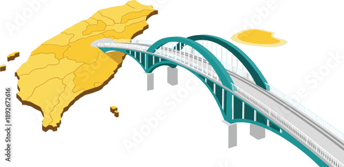 Isometric vector illustration of a modern teal arch bridge connecting to a yellow 3D map of Taiwan.