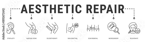 Aesthetic Repair web banner icon vector illustration featuring Otoplasty, Varicose Veins, Sclerotherapy, Skin Grafting, Scar Removal and Microsurgery
