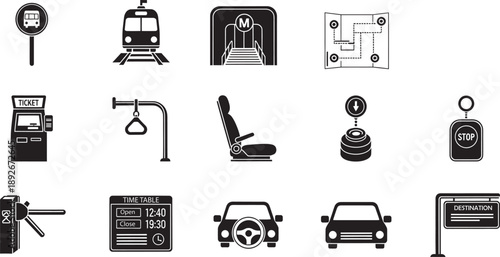 Public transportation and driving icons set with vehicles and infrastructure elements