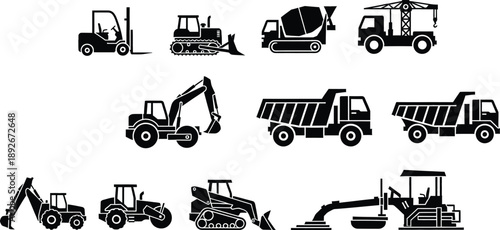Collection of black and white silhouettes of various heavy construction equipment