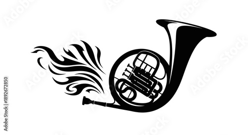 A black silhouette of a French horn with stylized flames or smoke emanating from its bell, creating a dynamic and artistic representation of music.