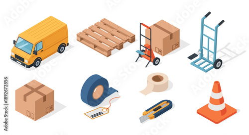 Warehouse essentials: isometric icons of delivery truck, pallet, boxes, and tools
