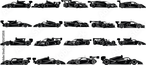 Collection of black silhouette racing cars and sports cars black and white vehicle