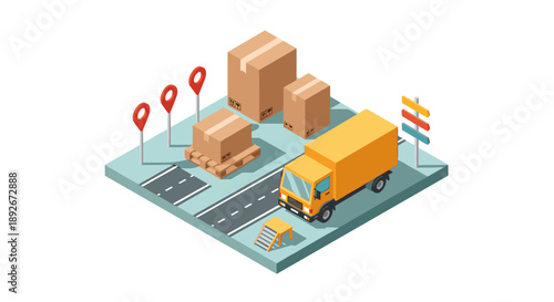 Isometric logistics concept with delivery truck and boxes on a road map