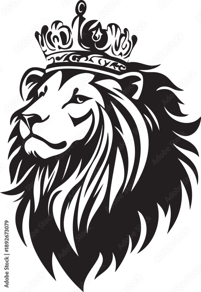 Obraz premium Lion head with crown silhouette vector illustration in black vector design 