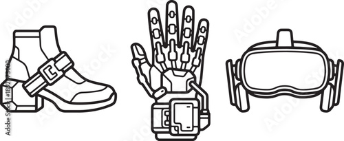 A set of three black and white line art illustrations of a boot, robotic hand, and virtual reality headset