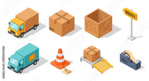 Isometric delivery set: trucks, boxes, and packing elements