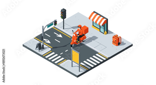 Isometric city intersection with scooter delivery and urban elements