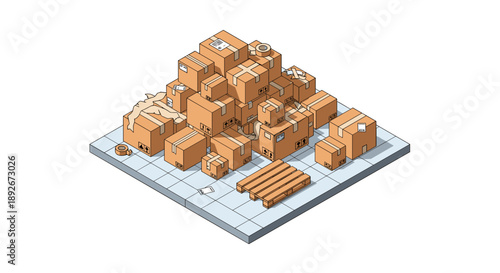Isometric pile of cardboard boxes on pallet in warehouse setting