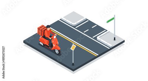 Isometric urban scene with delivery person on red scooter at intersection