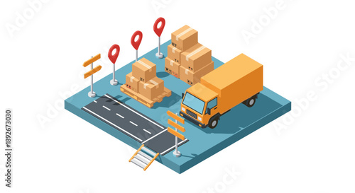 3d isometric logistics scene with truck, packages, and road signs