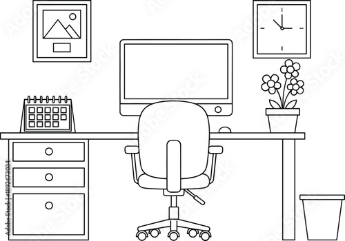 Minimalist home office desk vector with computer monitor calendar potted plant and desk lamp for remote work concepts.