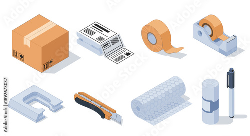 Isometric office supplies set featuring tape, cutter, box, magnet, and pen