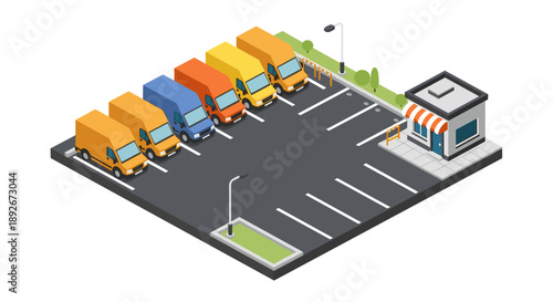 Isometric parking lot with delivery trucks and storefront
