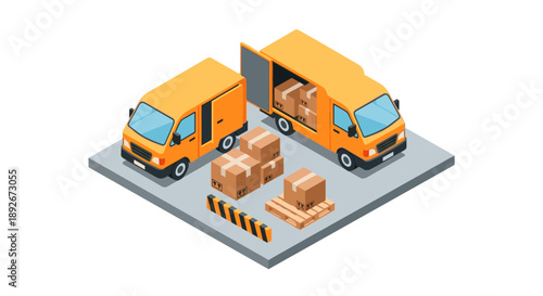 Isometric delivery trucks and cardboard boxes on loading dock