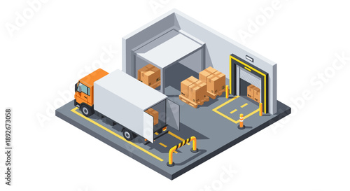 Isometric warehouse with delivery truck and cargo loading in distribution center