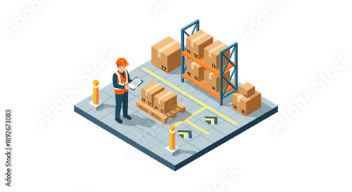 Warehouse worker with tablet managing inventory in isometric logistics setting