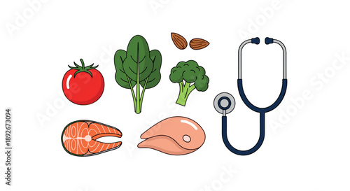 Healthy Food Collection with Stethoscope for Medical Nutrition and Balanced Diet Concept