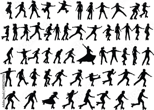 Large Collection of Silhouettes of People Roller Skating in Diverse Poses