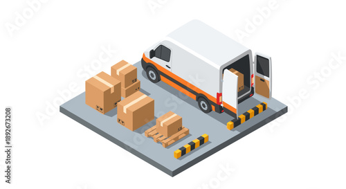 Delivery van with cargo boxes and pallet in isometric 3d style