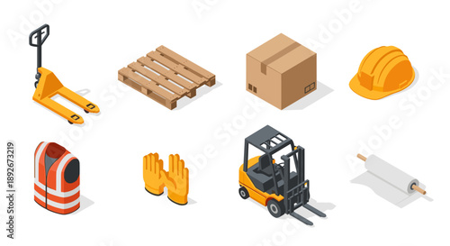 Isometric warehouse equipment: forklift, pallet, safety gear, and more