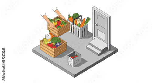 Home grocery delivery concept with fresh vegetables in boxes and baskets