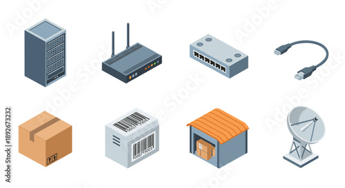 Isometric technology icons: network devices, warehouse, barcode, satellite dish