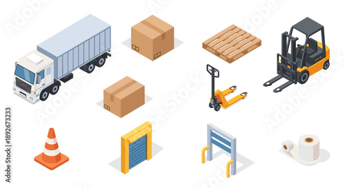 Isometric warehouse icons set: forklift, pallet, truck, and more