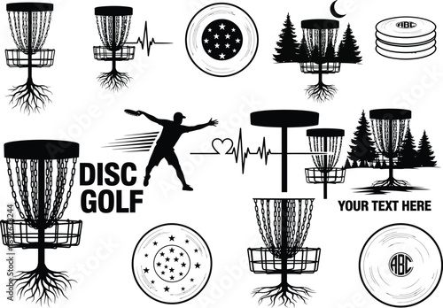 Disc Golf Elements with Baskets Rooted to Ground, Trees, and Playful Graphics
